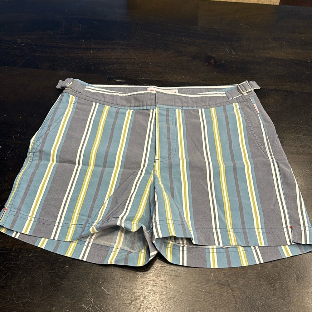Men’s Orlebar Brown Green & Blue Striped Setter Swim Shorts Size 30